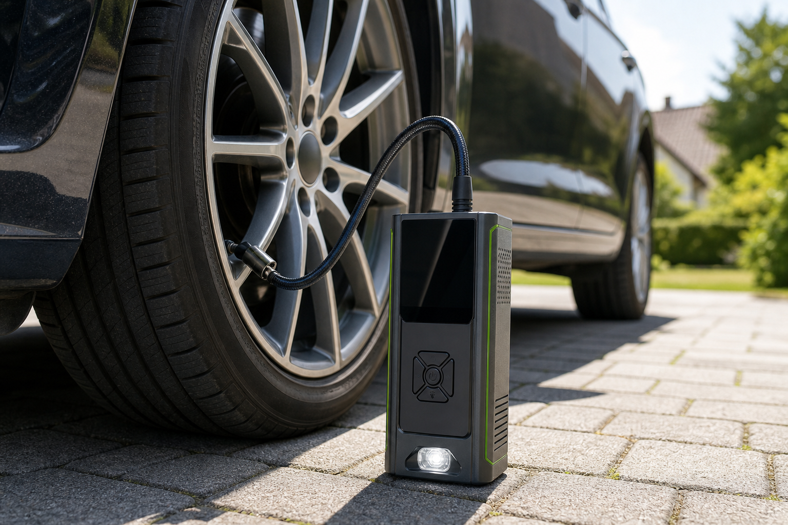 Swiss Tech Portable Cordless Tire Inflator 160 PSI - Graphite/Black product_02_image_03_tire_use.png