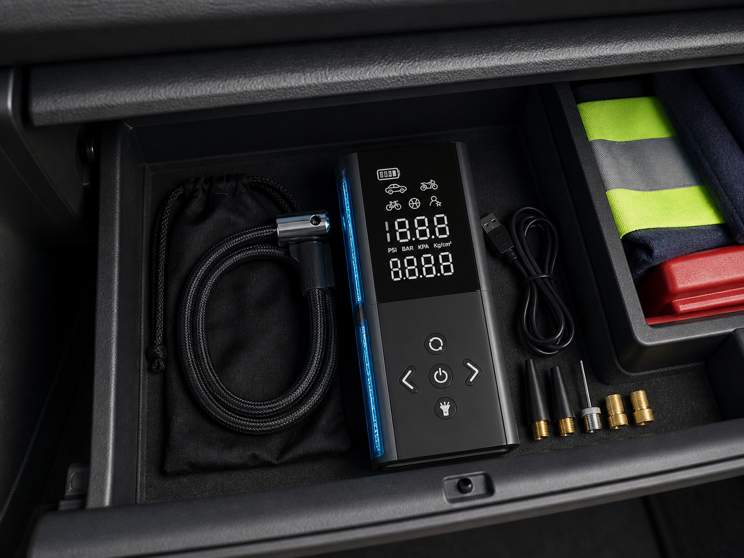Swiss Tech Portable Cordless Tire Inflator 160 PSI - Graphite/Black product_02_image_05_storage_kit.png
