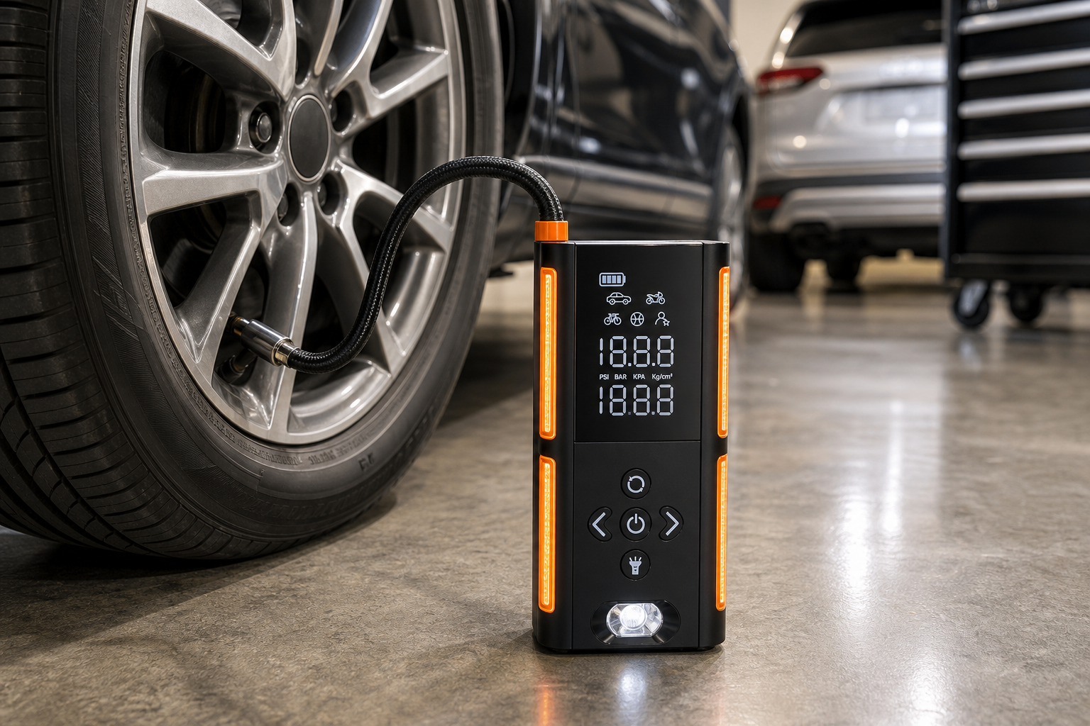 GOOLOO A6 LITE Cordless Tire Inflator 160 PSI 7500mAh - Black/Orange product_03_image_03_tire_use.png