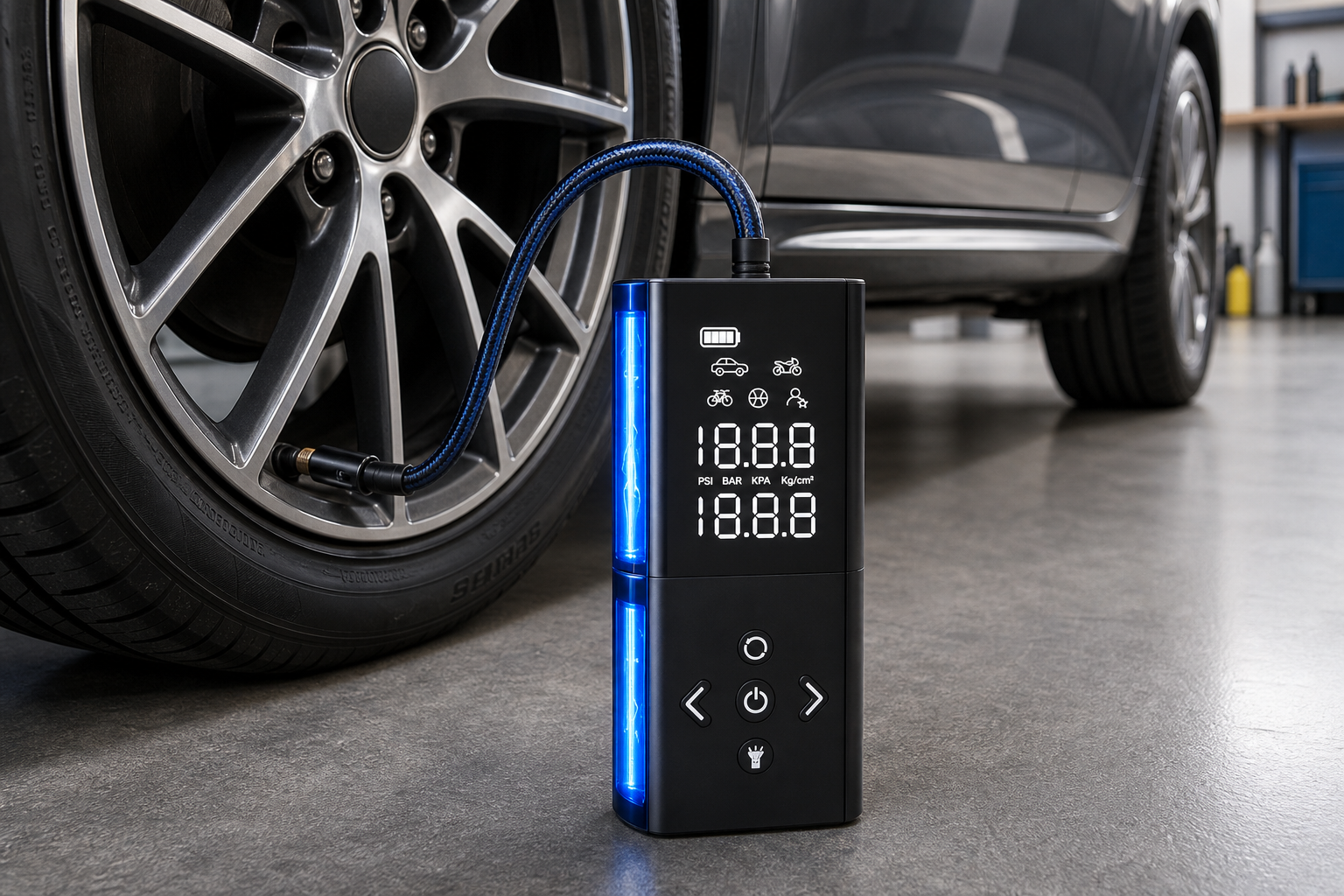 OLGEO Cordless Tire Inflator 160 PSI Auto Shut-Off - Black/Blue product_04_image_03_tire_use.png