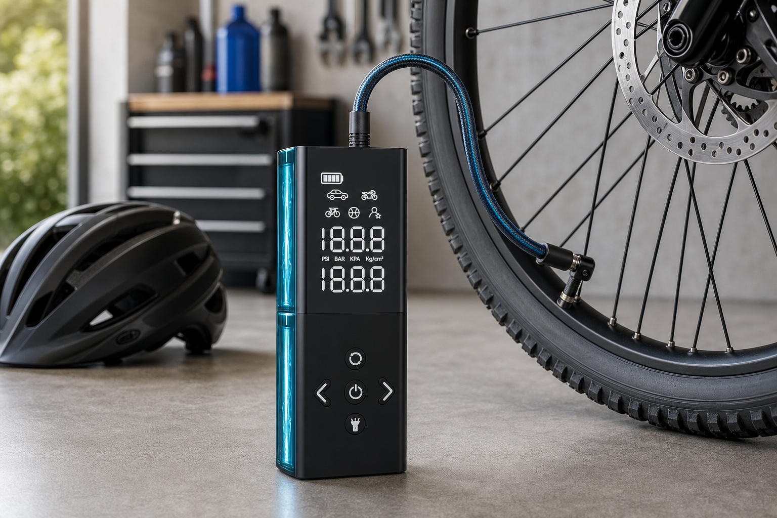 Ophanie Compact Cordless Tire Inflator 160 PSI 4000mAh - Black/Teal product_06_image_03_bike_use.png