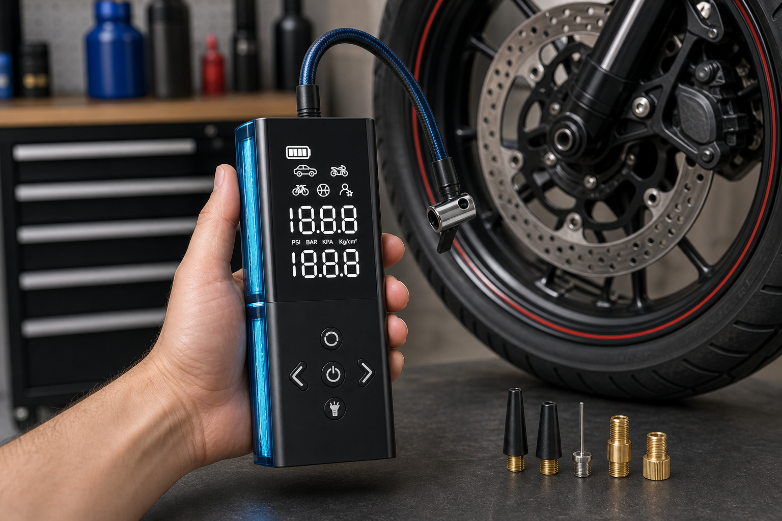 Ophanie Compact Cordless Tire Inflator 160 PSI 4000mAh - Black/Teal product_06_image_05_handheld_motorcycle.png