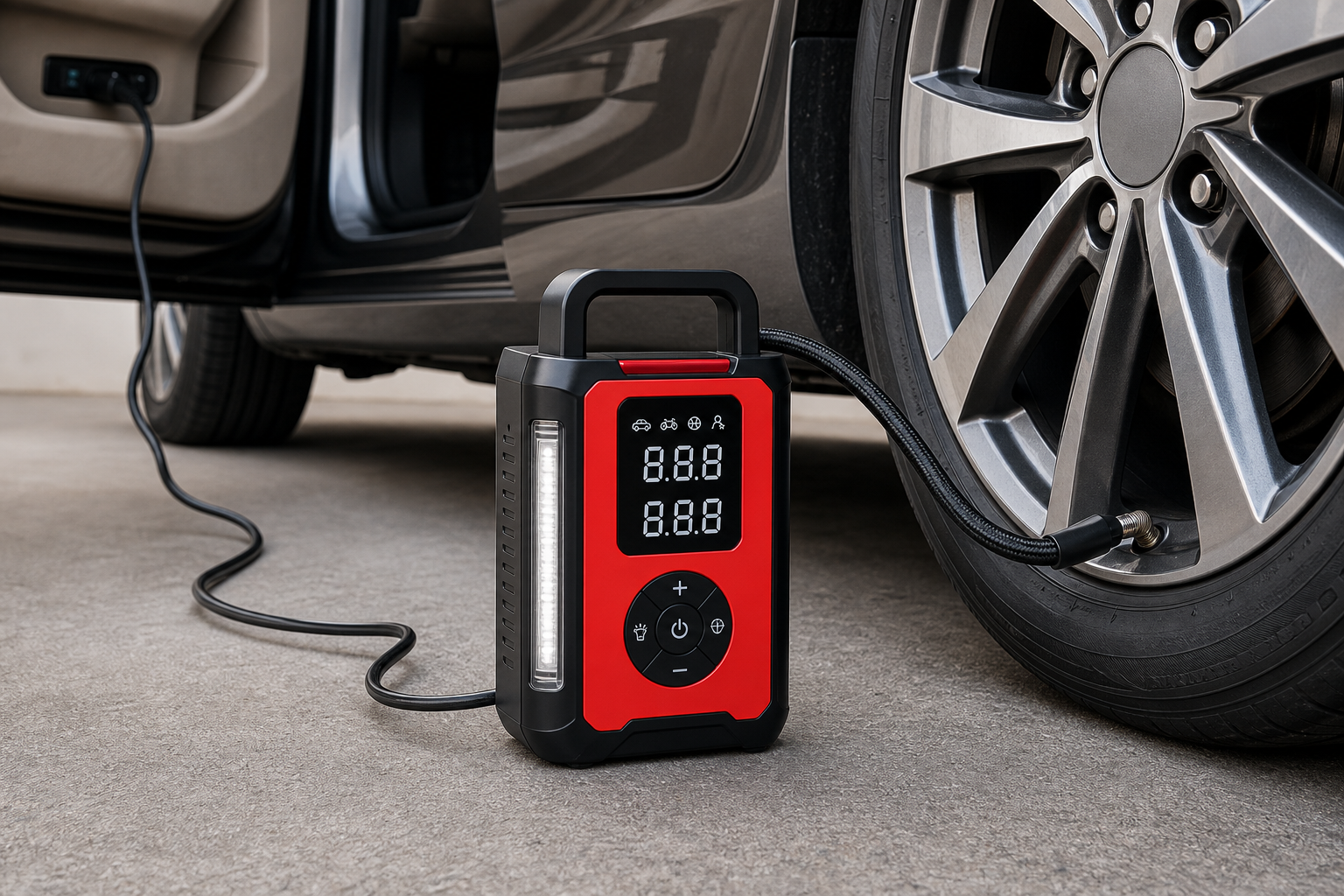 Bullseye Pro Style 12V DC Portable Tire Inflator 150 PSI - Red/Black product_07_image_03_tire_use.png