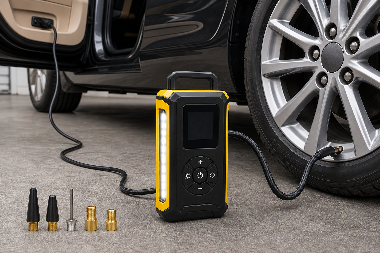 AstroAI H2 Style 12V DC Tire Inflator 150 PSI - Yellow/Black product_08_image_03_tire_use.png