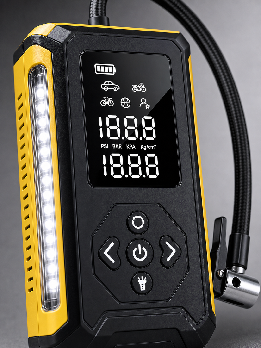 AstroAI H2 Style 12V DC Tire Inflator 150 PSI - Yellow/Black product_08_image_04_display_closeup.png