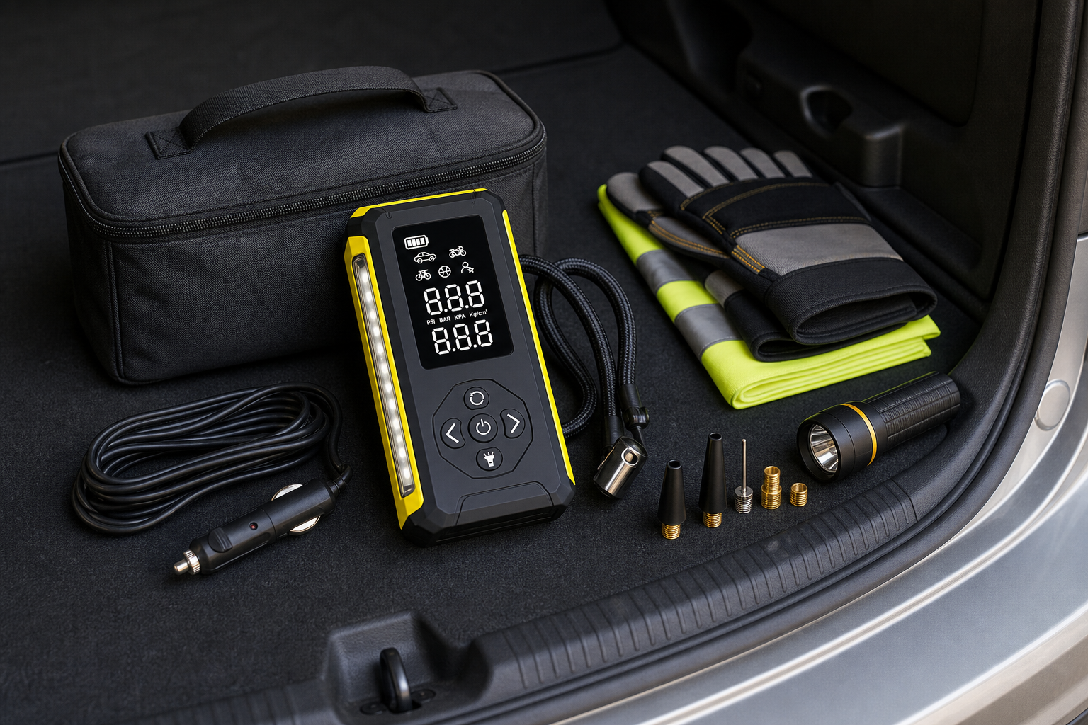 AstroAI H2 Style 12V DC Tire Inflator 150 PSI - Yellow/Black product_08_image_05_trunk_kit.png