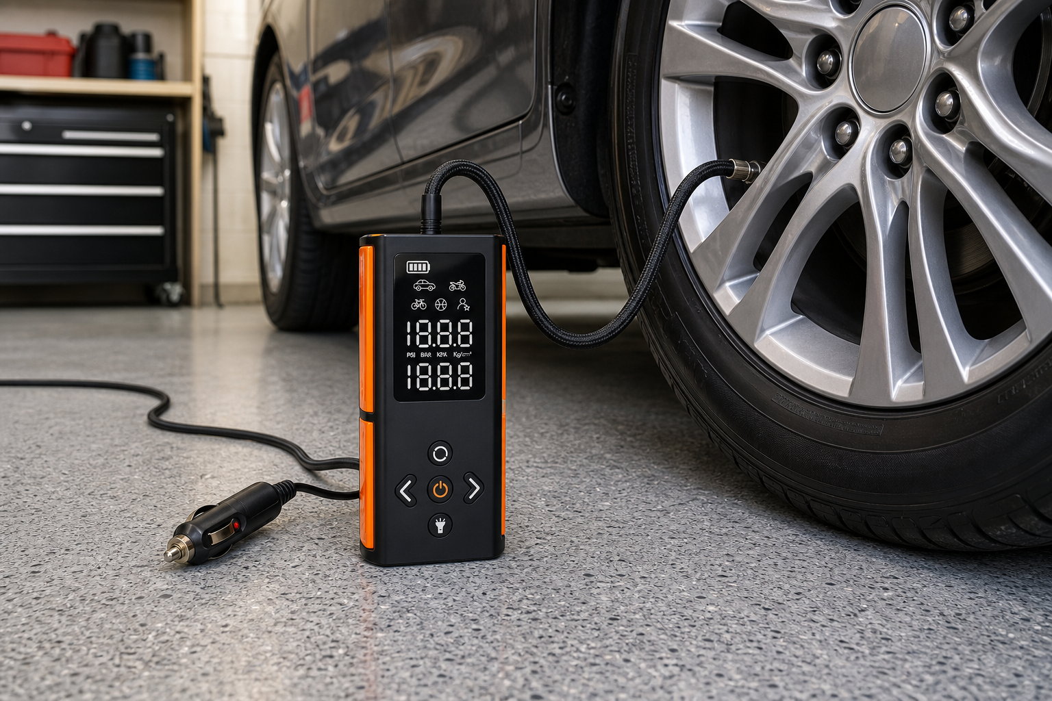VacLife DC/AC Portable Tire Inflator for Car and Home - Black/Orange product_09_image_03_tire_use.png